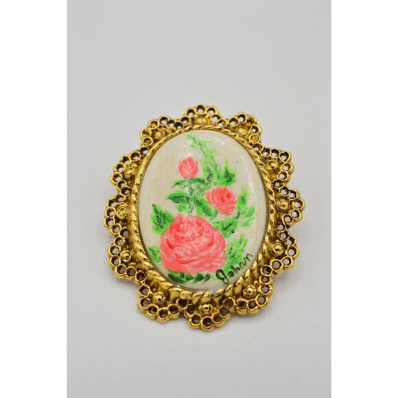 Artist Johan Painted Vintage Statement Pin Brooch Floral Roses Gold Cameo BinF - Picture 4 of 12